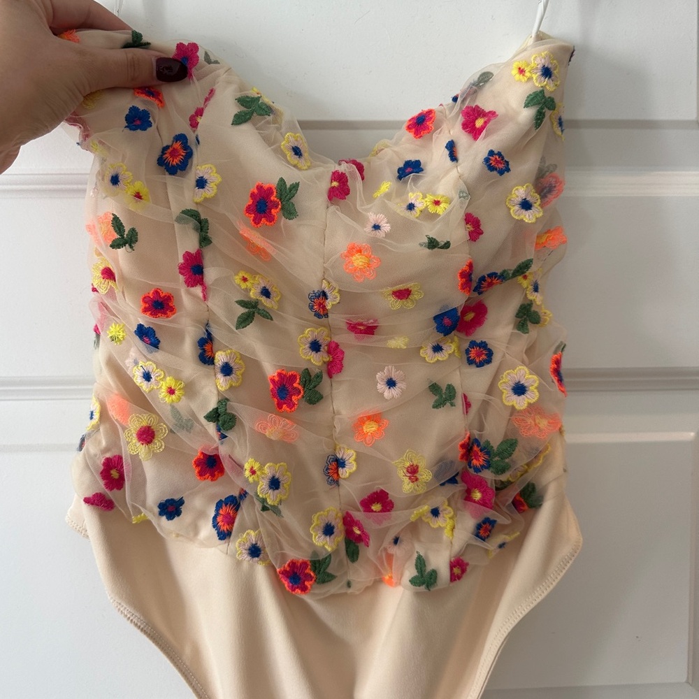Lovers + Friends Floral Embroidered Nude Bodysuit with Multicolor Flowers